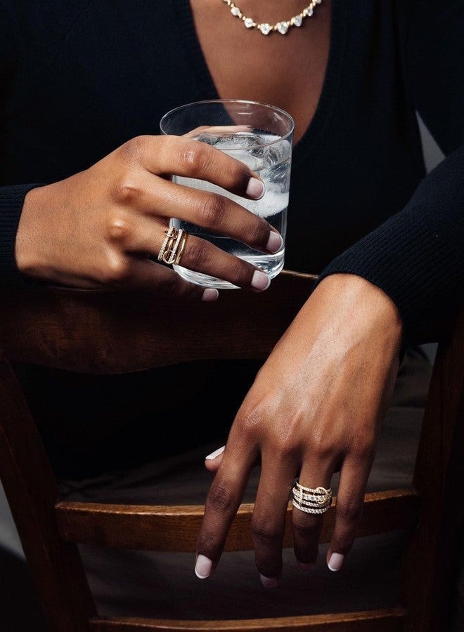 TLY Gold Silver Stackable Rings for Women Mixed Metal Interlocked Statement Ring Stack 14K Gold Plated Cubic Zirconia Fashion Two Tone Connected Bands Size 4-11 - Image 5